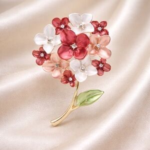 Vintage Floral Bouquet Brooch – Red White Flower Pin with Rhinestones